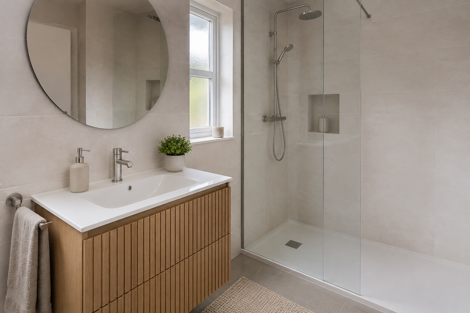 Modern bathroom with fluted oak vanity and brushed nickel fittings