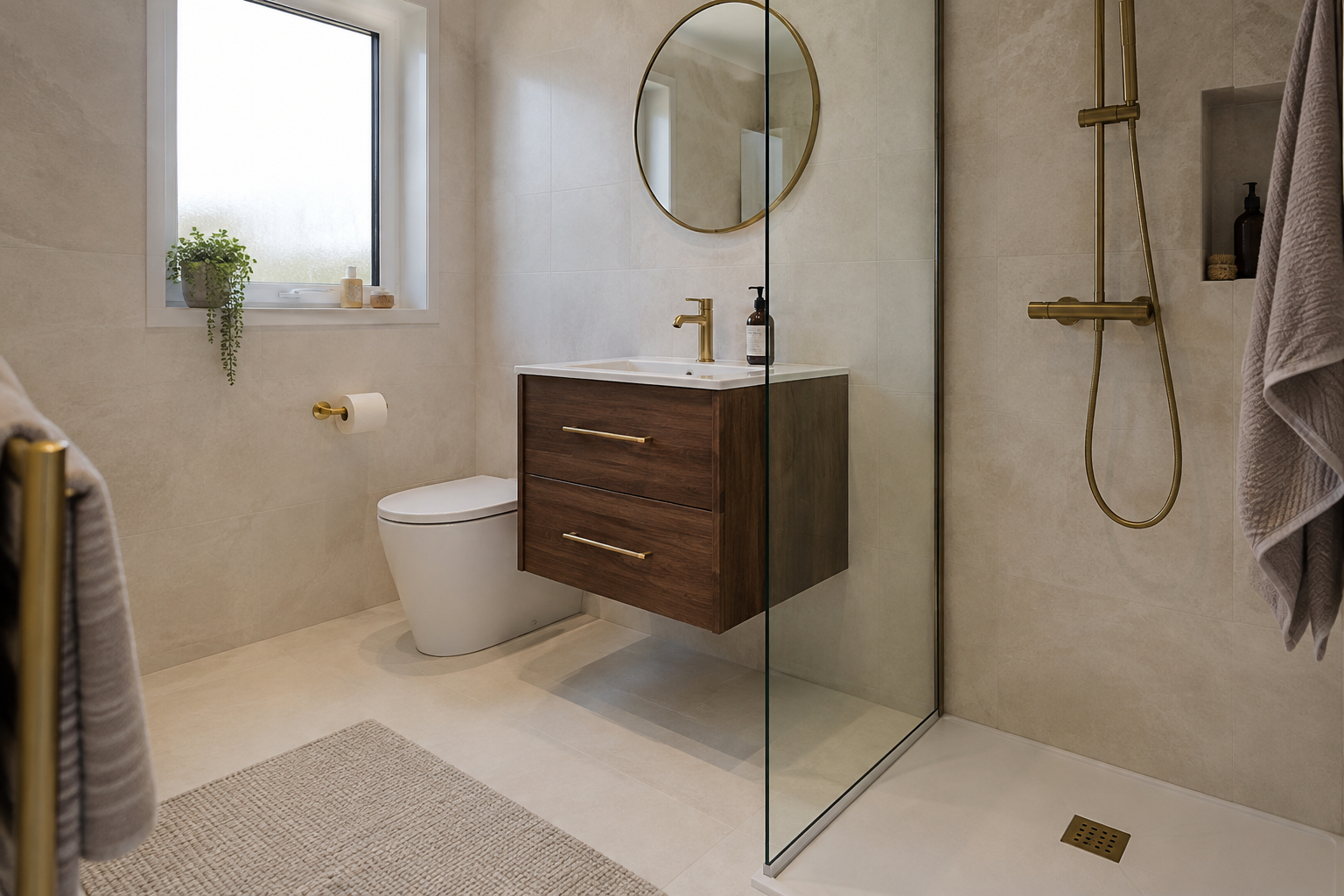 Modern fitted bathroom with walk-in shower and walnut vanity