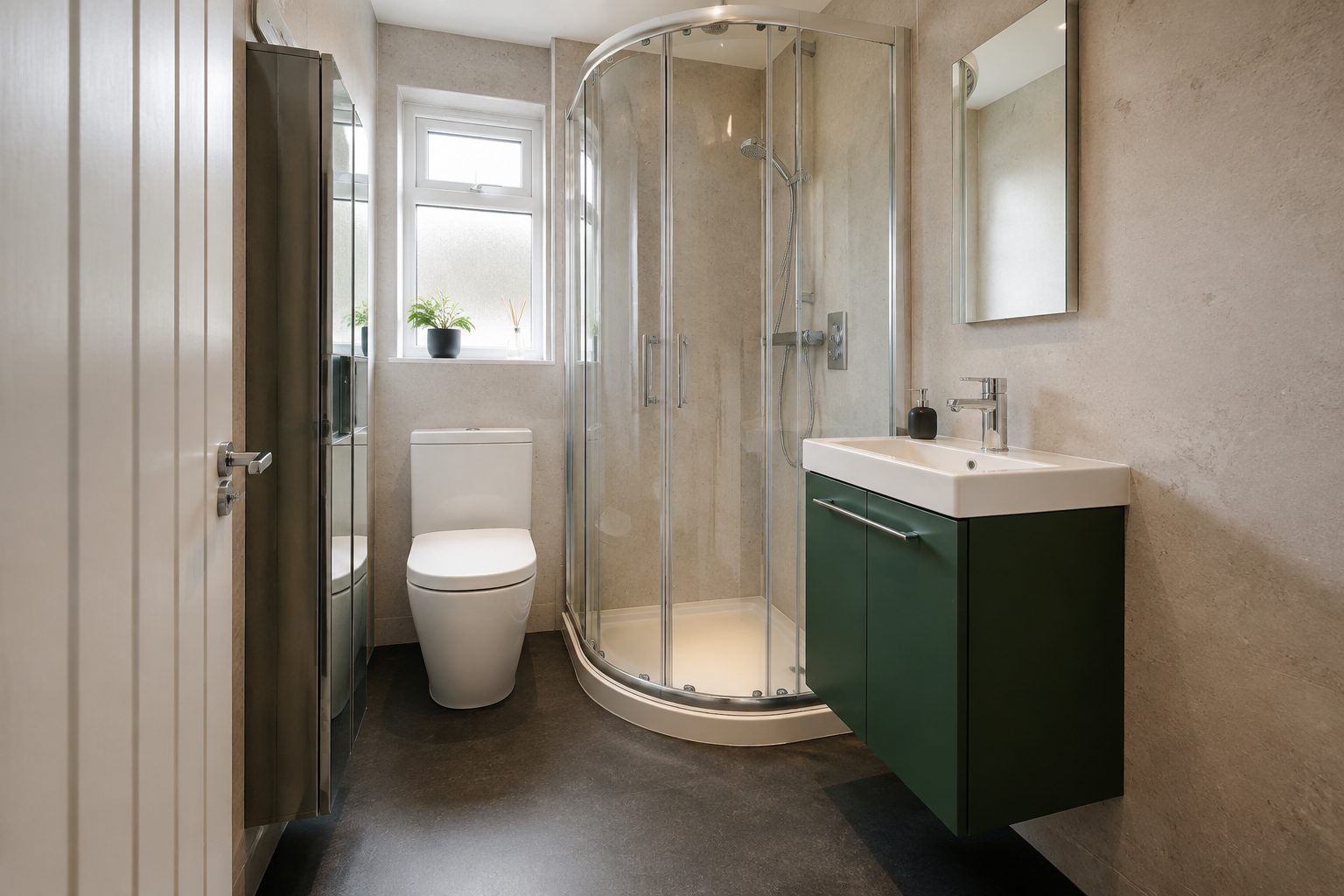 Compact en suite with quadrant shower and slim green vanity